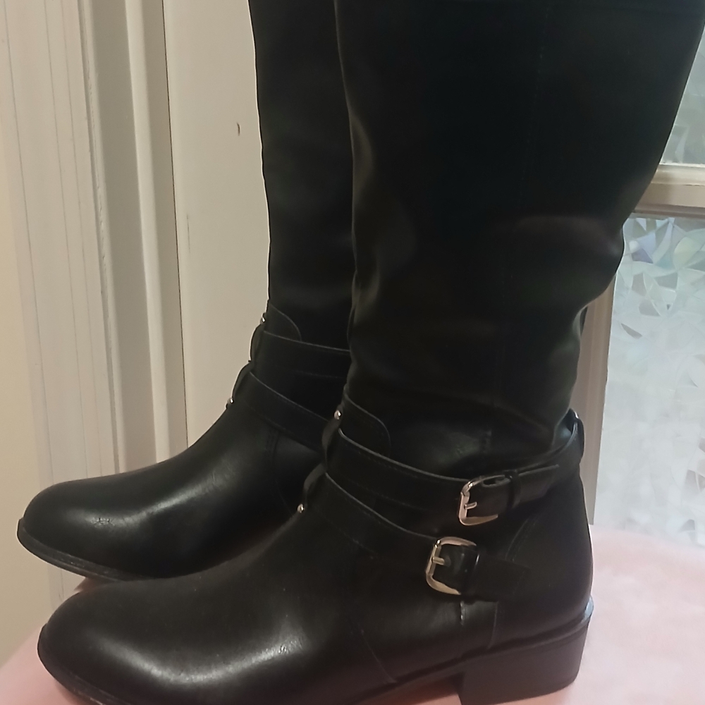 Black Faux Leather Knee-High Moto Riding  Boots
